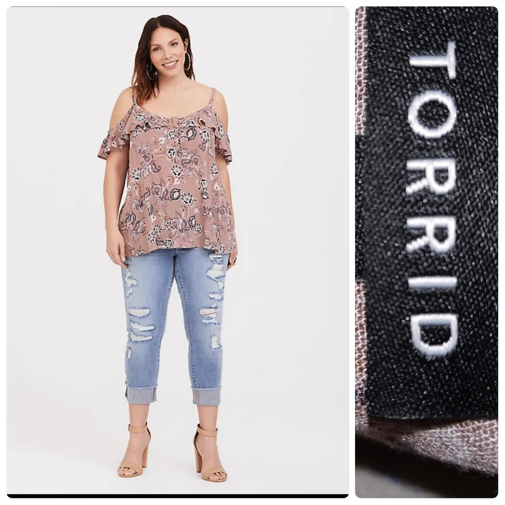 Torrid Walnut Paisley Gauze Cold Shoulder Cutout Top Tie Front Size 00 (M/L)